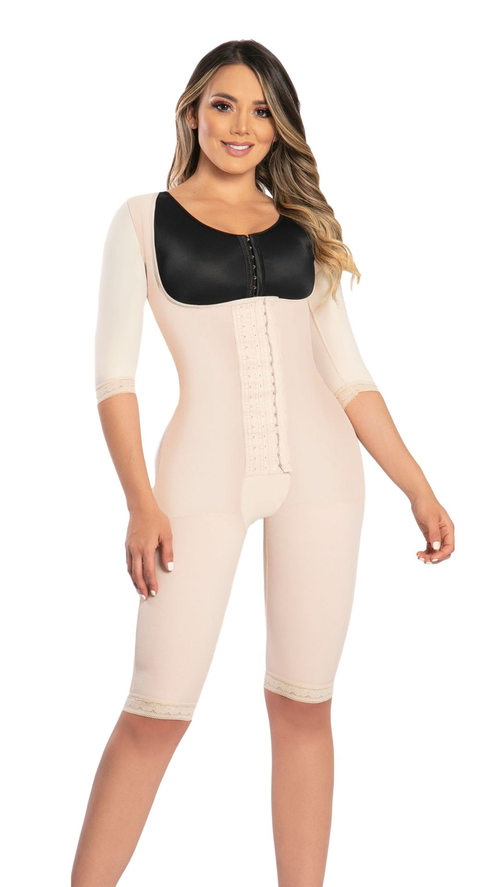 FAJA A LA RODILLA  CON MANGAS ABAJO DE CODO THELMA BROCHES 4 HILERAS